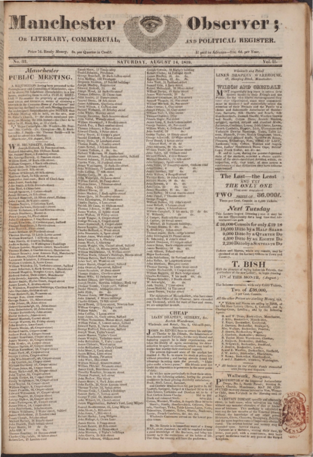 Manchester Observer, August 14, 1819. Copyright University of Manchester Library.